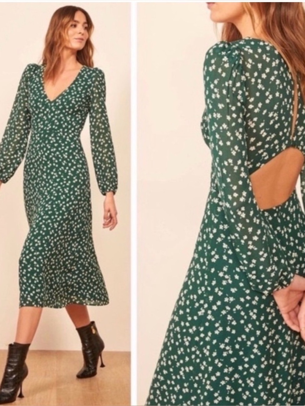 Reformation Joy Floral Open Back Long Sleeve Dress